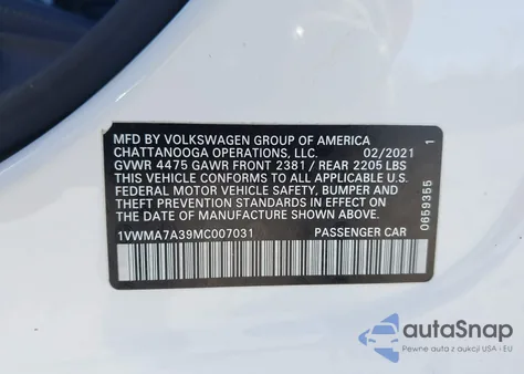 2021 Volkswagen Passat 2.0T R-Line from USA, damaged, VIN 1VWMA7A39MC007031